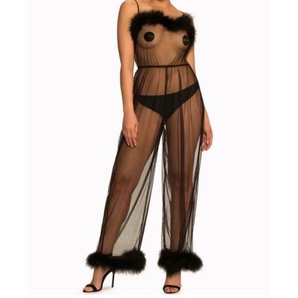 NWT Savage X Fenty Sheer Black Marabou Jumpsuit XS-S Sexy Mesh Loungewear - Picture 6 of 6